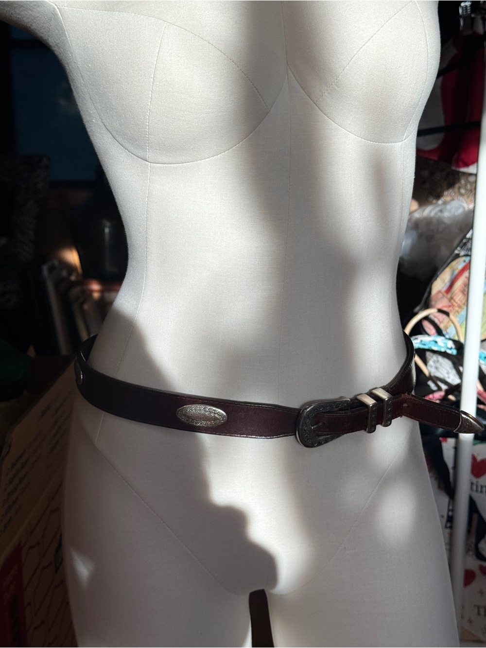 Leather Western Brown Belt with engraved metal details